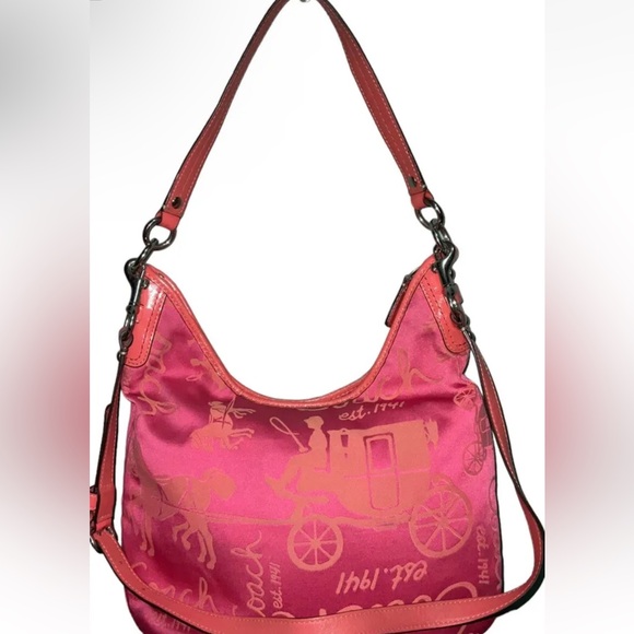 AUTHENTIC COACH HORSE & CARRIAGE HOBO BAG PURSE SATIN LEATHER ORANGE/PINK_RARE - Picture 2 of 9